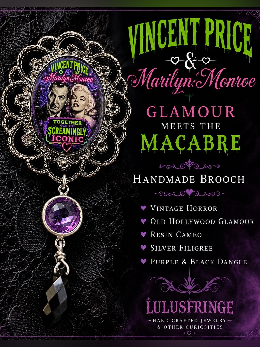 Vintage Gothic Silver Filigree Brooch with Purple & Black Crystal Charm